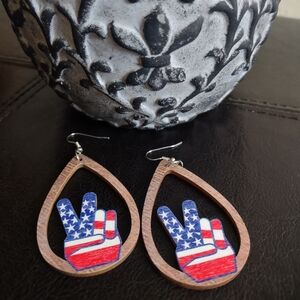 Patriotic Peace Sign Wooden Laser Cut Teardrop Earrings